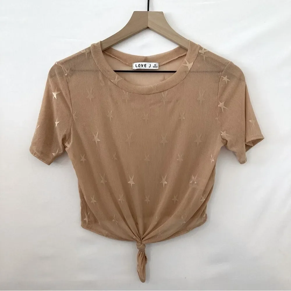 Love J Mesh Cropped Top Tan Star Pattern Medium Knot Front